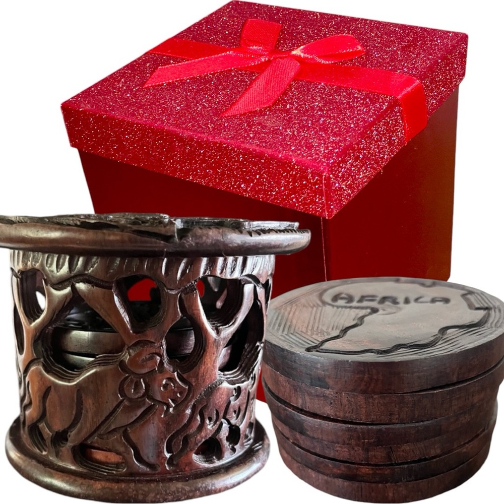 NWT Gift Set Coasters From Africa Gift Box Mahogany Wood Christmas Birthday